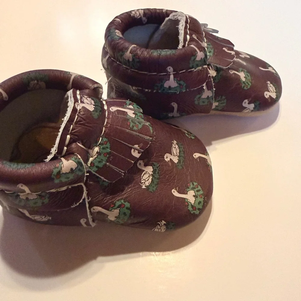 Freshly Picked Leather Goose Print Baby Moccasins 1 Burgundy Whimsical Heirloom